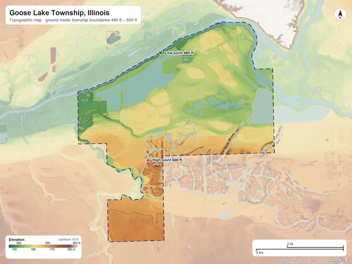 Topographic elevation map of Goose Lake Township, Illinois, shaded from 480 ft on the north side to 600 ft on the southwest side