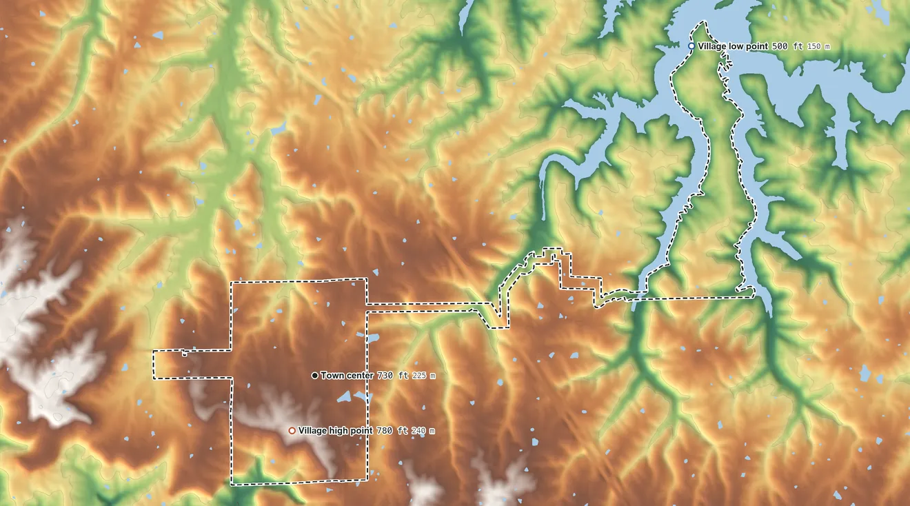 Topographic elevation map of Goreville, Illinois, shaded from 500 ft on the northeast side to 780 ft near the middle