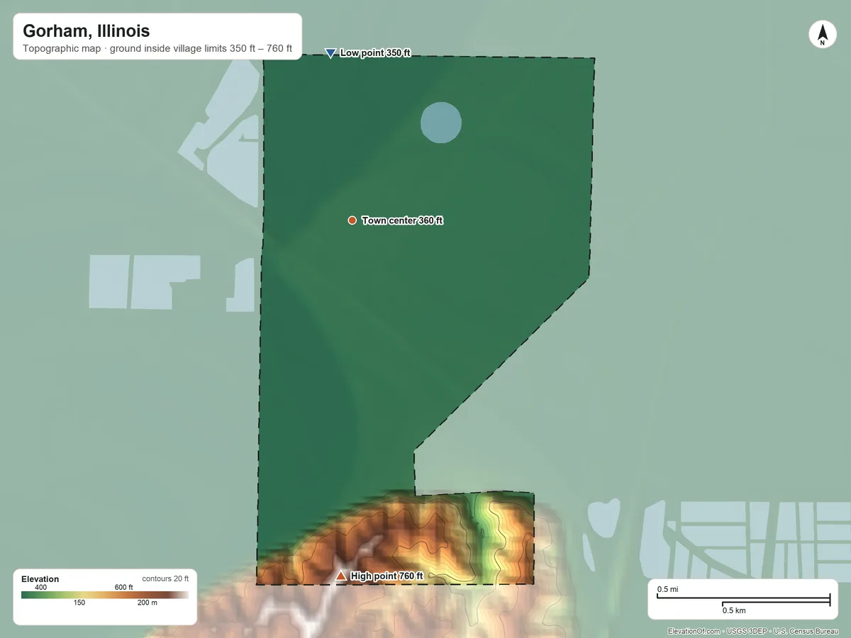 Topographic elevation map of Gorham, Illinois, shaded from 350 ft on the north side to 760 ft on the south side