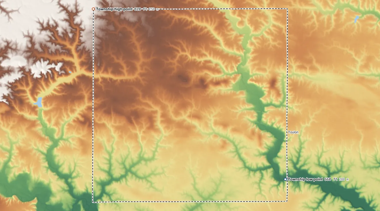 Topographic elevation map of Goshen Township, Illinois, shaded from 660 ft on the southeast side to 820 ft on the northwest side