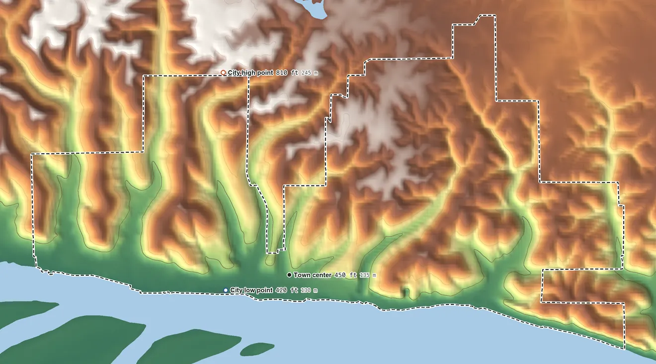 Topographic elevation map of Grafton, Illinois, shaded from 420 ft near the middle to 810 ft on the north side