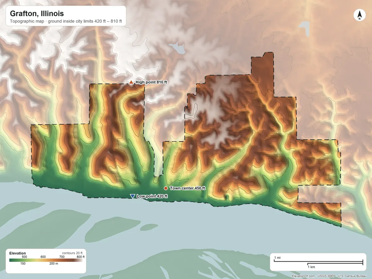 Topographic elevation map of Grafton, Illinois, shaded from 420 ft near the middle to 810 ft on the north side
