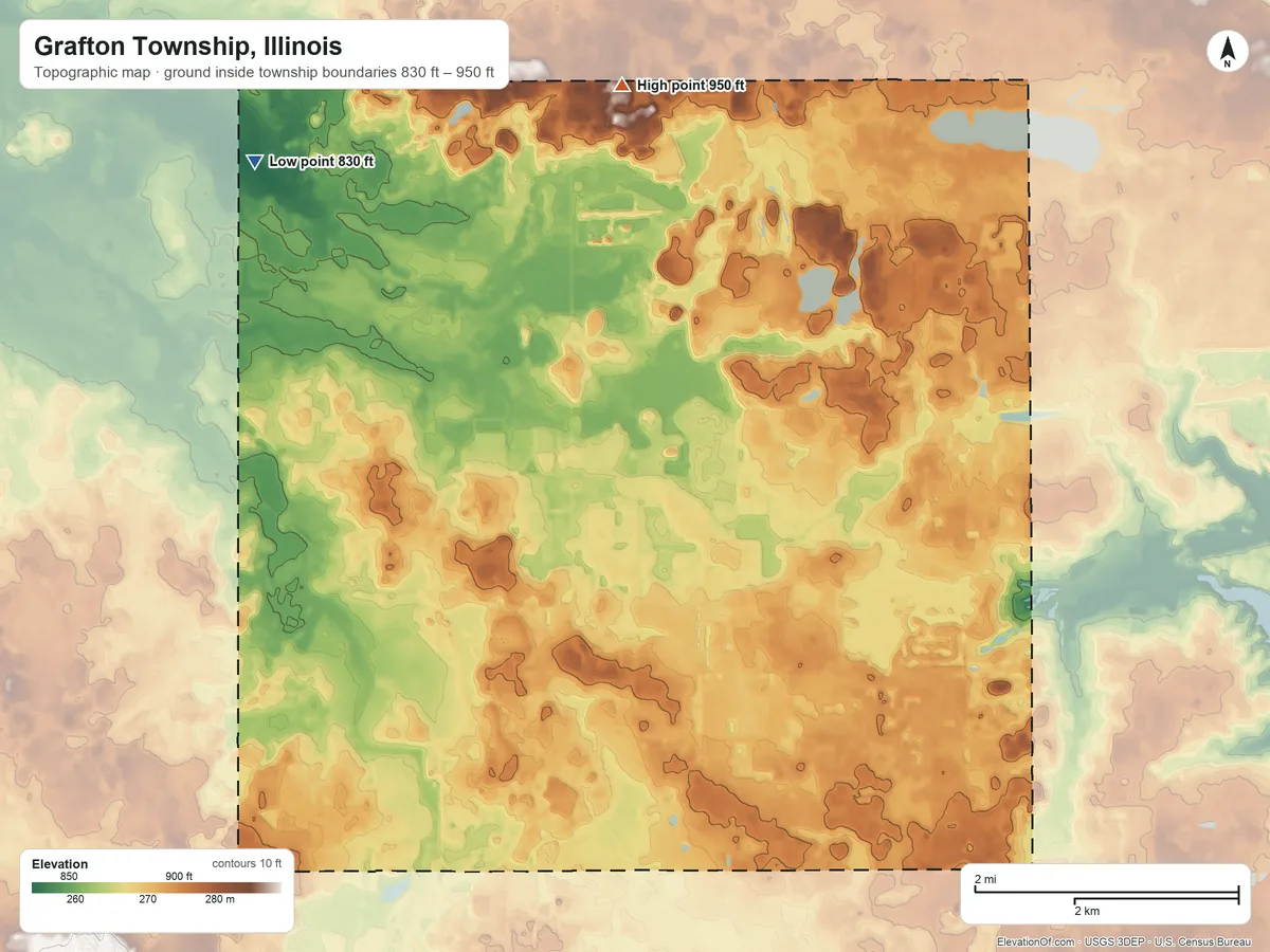 Topographic elevation map of Grafton Township, Illinois, shaded from 830 ft on the northwest side to 950 ft on the north side