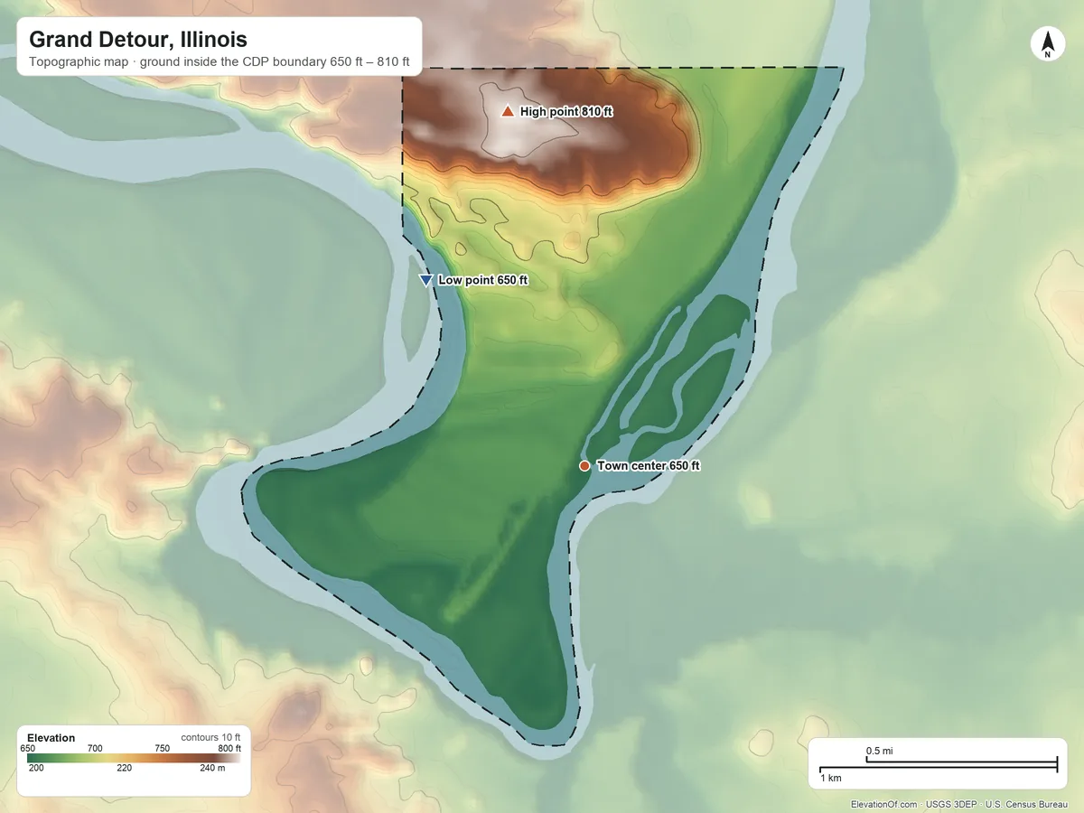 Topographic elevation map of Grand Detour, Illinois, shaded from 650 ft on the northwest side to 810 ft on the north side