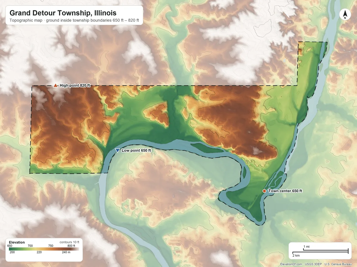 Topographic elevation map of Grand Detour Township, Illinois, shaded from 650 ft on the west side to 820 ft on the northwest side
