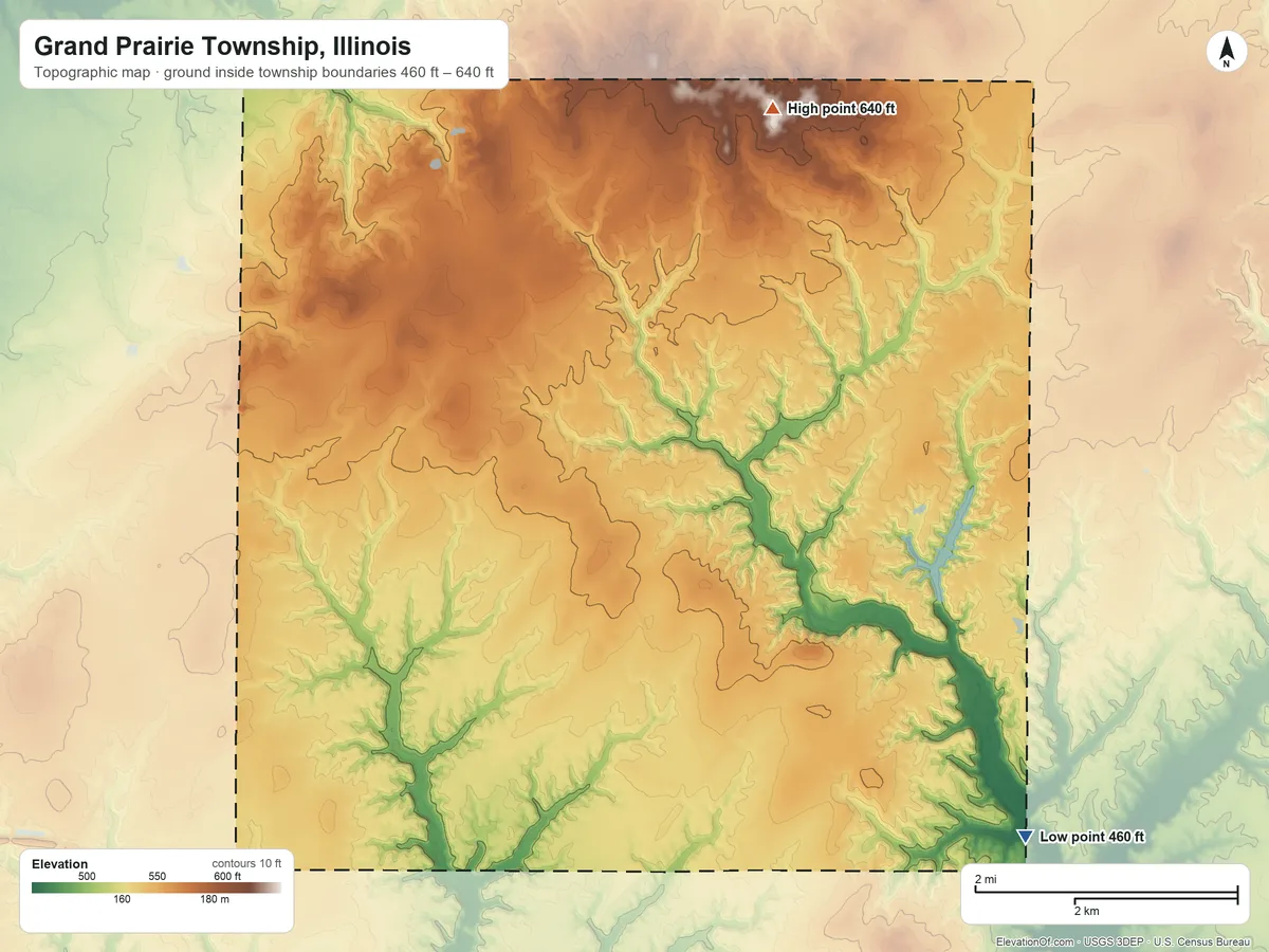 Topographic elevation map of Grand Prairie Township, Illinois, shaded from 460 ft on the southeast side to 640 ft on the north side