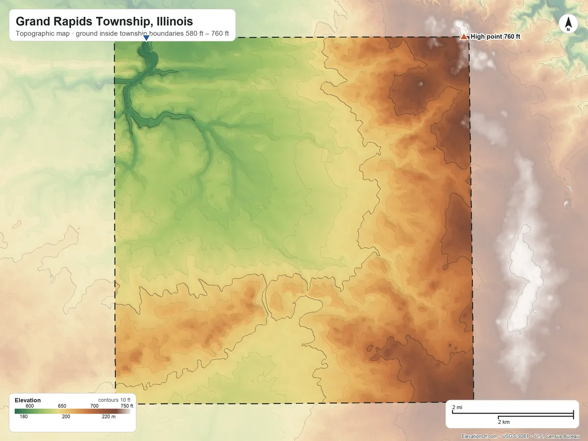 Topographic elevation map of Grand Rapids Township, Illinois, shaded from 580 ft on the northwest side to 760 ft on the northeast side