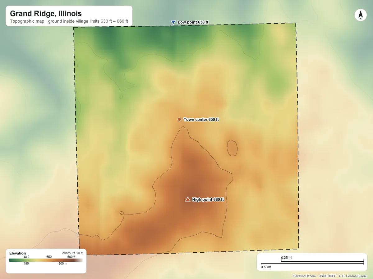 Topographic elevation map of Grand Ridge, Illinois, shaded from 630 ft on the north side to 660 ft on the south side