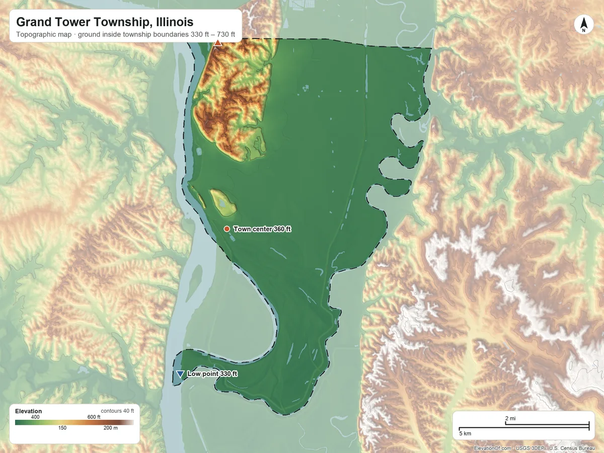 Topographic elevation map of Grand Tower Township, Illinois, shaded from 330 ft on the south side to 730 ft on the north side