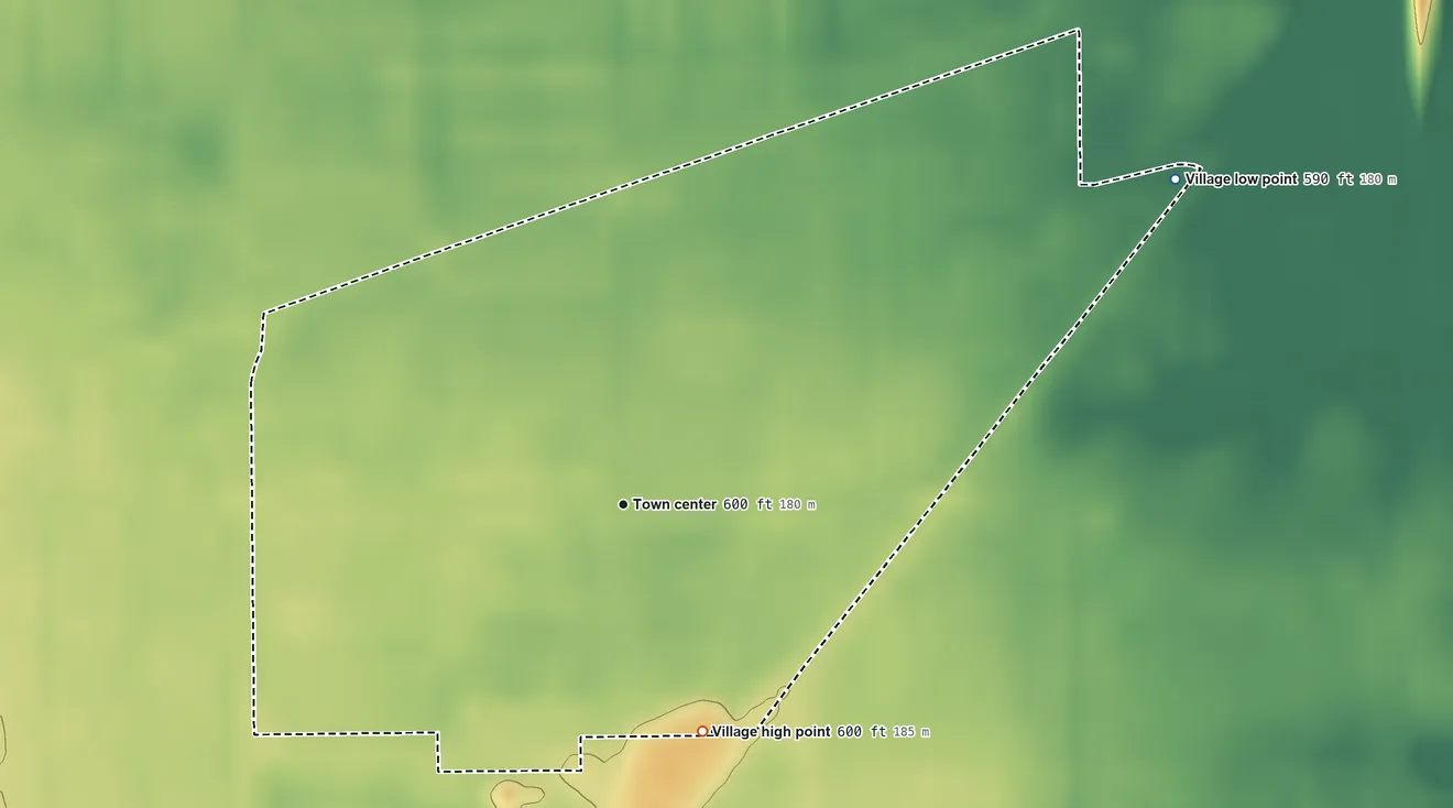 Topographic elevation map of Grandview, Illinois, shaded from 590 ft on the northeast side to 600 ft on the south side