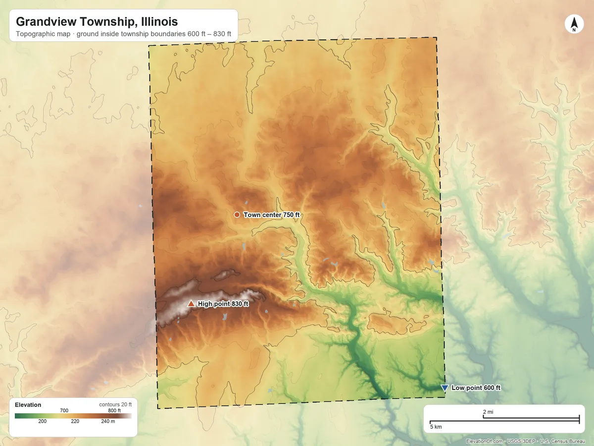 Topographic elevation map of Grandview Township, Illinois, shaded from 600 ft on the southeast side to 830 ft on the southwest side