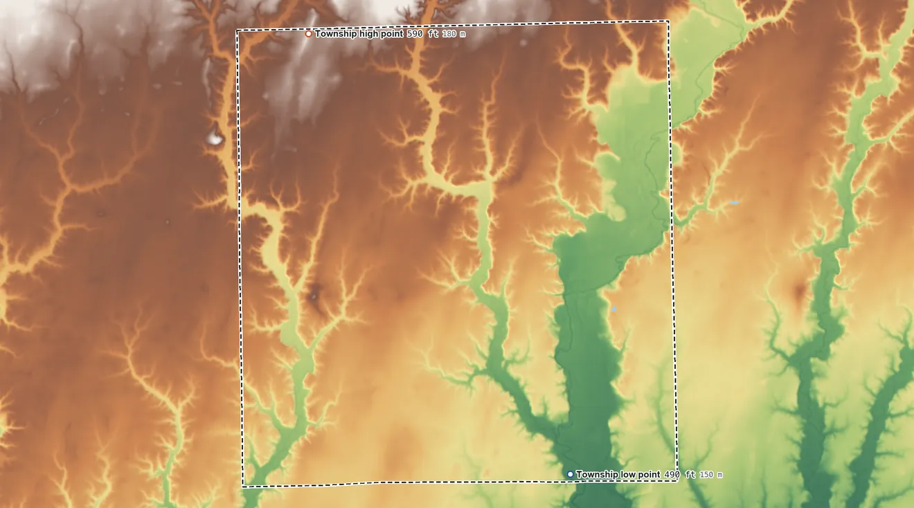 Topographic elevation map of Grandville Township, Illinois, shaded from 490 ft on the southeast side to 590 ft on the northwest side