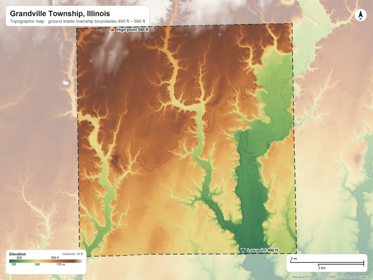 Topographic elevation map of Grandville Township, Illinois, shaded from 490 ft on the southeast side to 590 ft on the northwest side