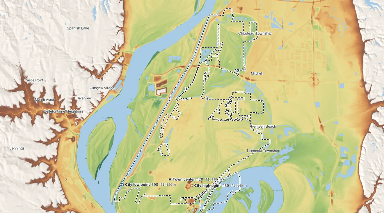 Topographic elevation map of Granite City, Illinois, shaded from 390 ft on the west side to 480 ft near the middle