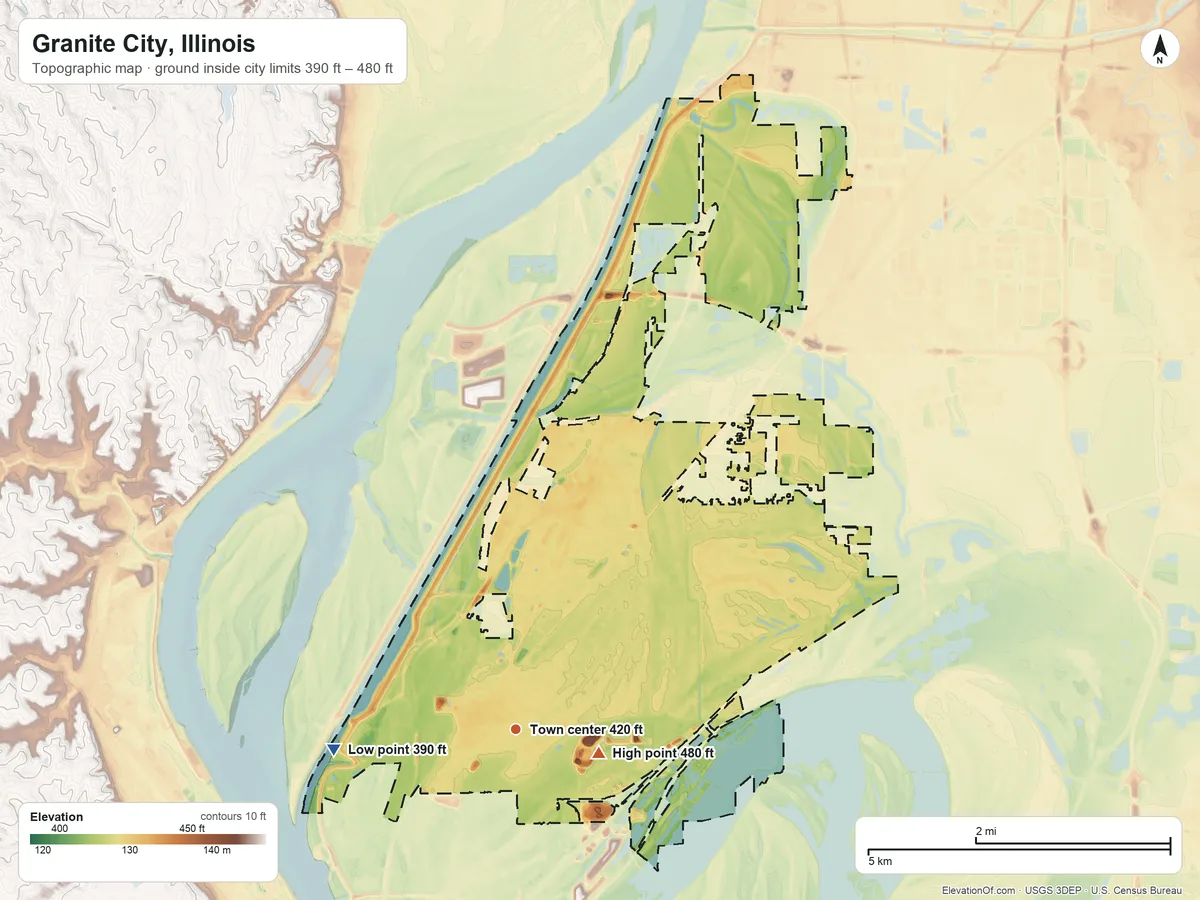 Topographic elevation map of Granite City, Illinois, shaded from 390 ft on the west side to 480 ft near the middle