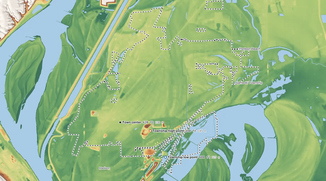 Topographic elevation map of Granite City Township, Illinois, shaded from 400 ft on the southeast side to 480 ft on the east side