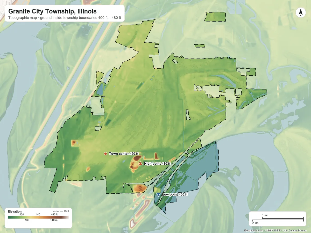 Topographic elevation map of Granite City Township, Illinois, shaded from 400 ft on the southeast side to 480 ft on the east side