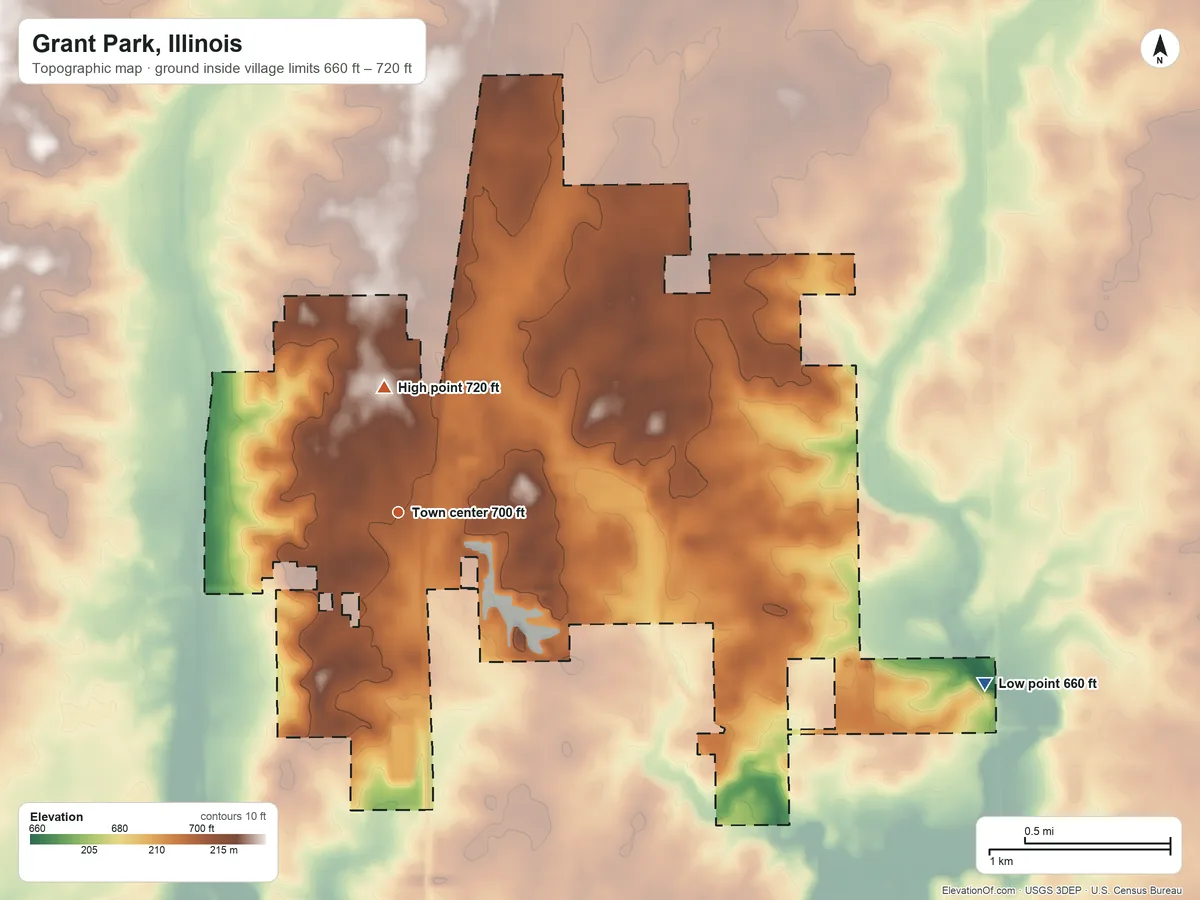 Topographic elevation map of Grant Park, Illinois, shaded from 660 ft on the east side to 720 ft on the north side