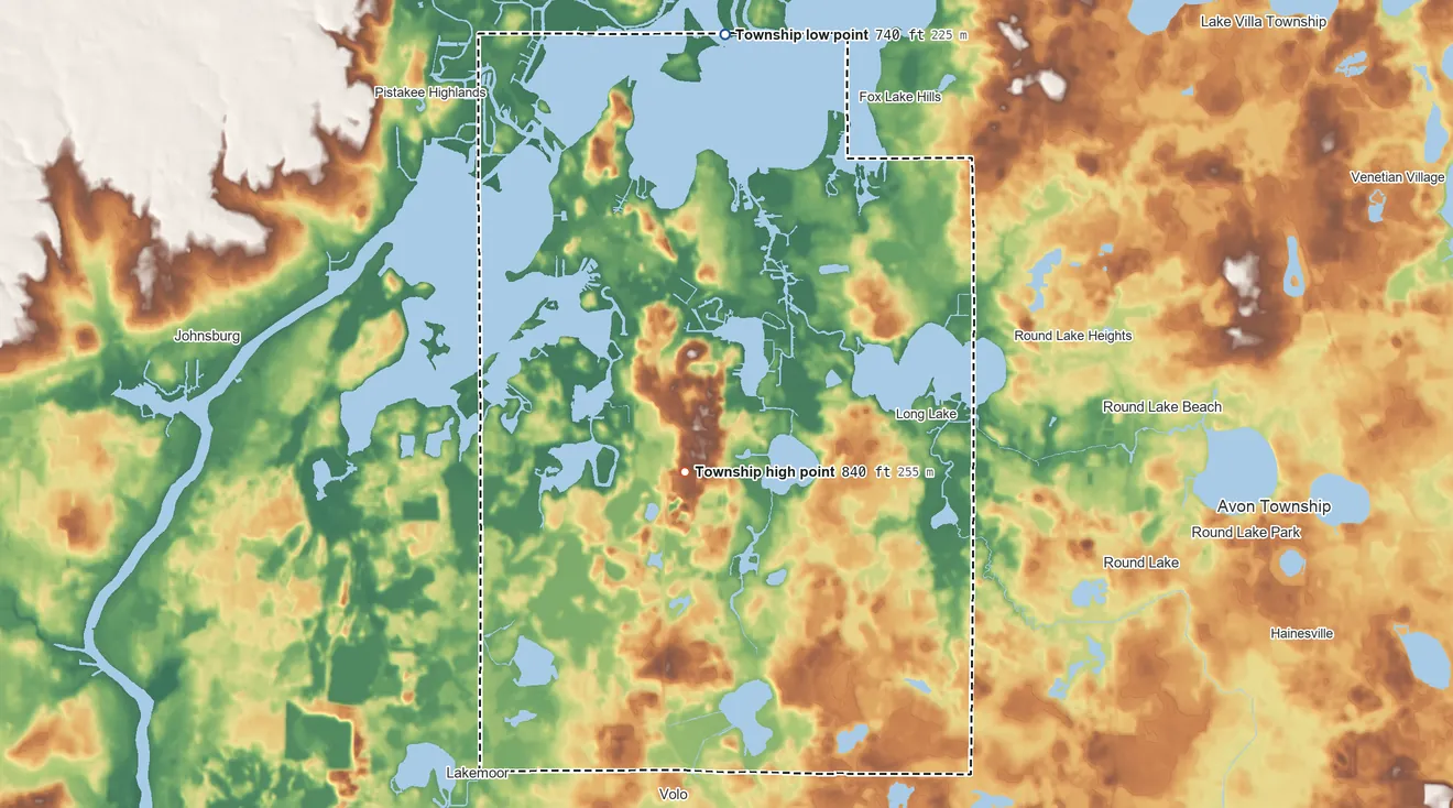 Topographic elevation map of Grant Township, Illinois, shaded from 740 ft on the north side to 840 ft near the middle