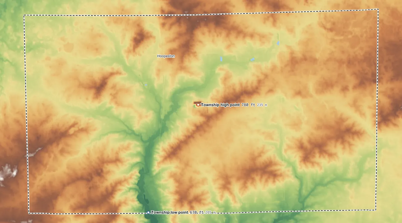 Topographic elevation map of Grant Township, Vermilion County, Illinois, shaded from 670 ft on the south side to 780 ft on the southeast side