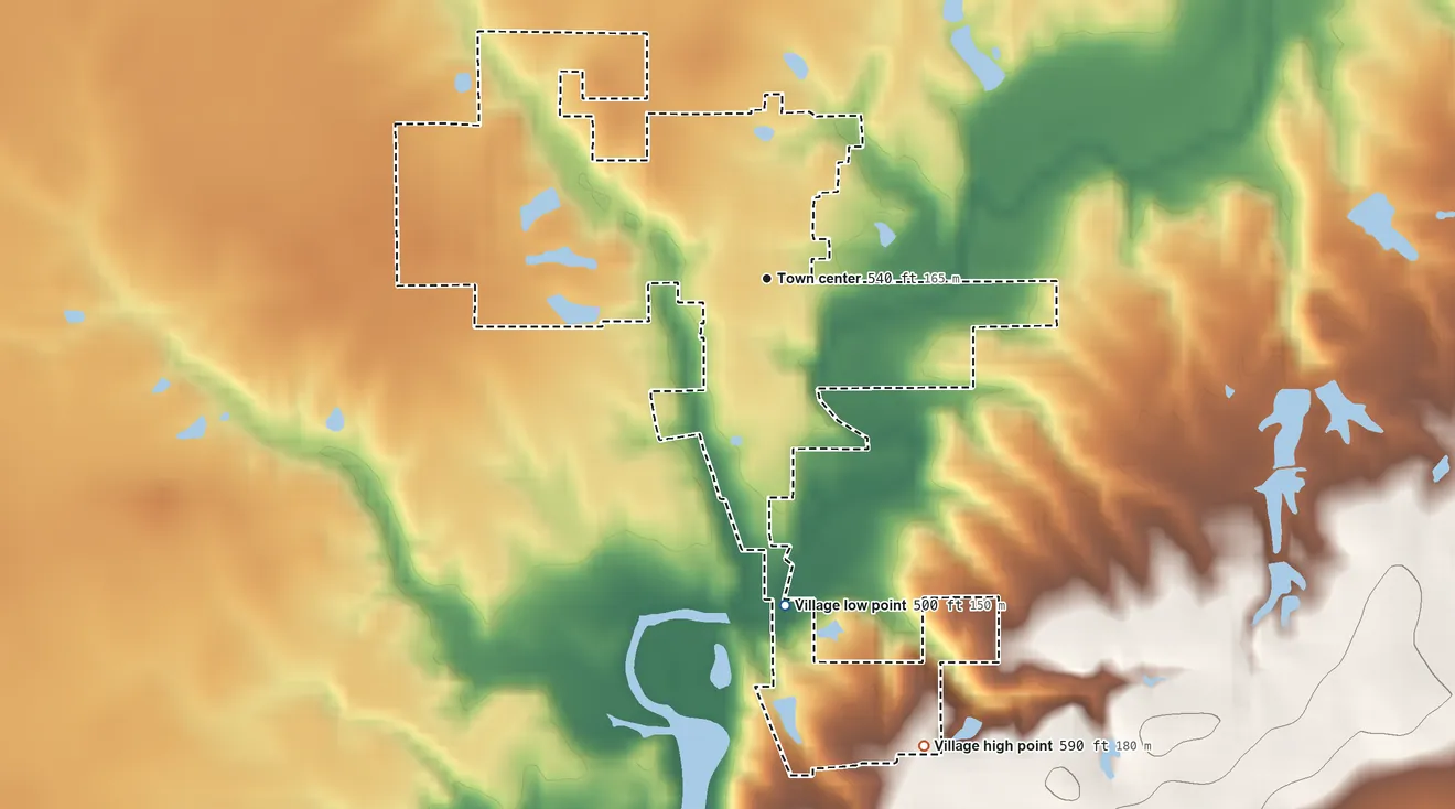 Topographic elevation map of Grantfork, Illinois, shaded from 500 ft on the south side to 590 ft on the south side