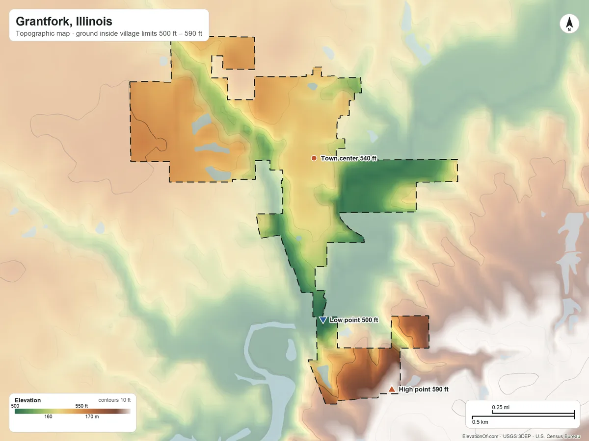 Topographic elevation map of Grantfork, Illinois, shaded from 500 ft on the south side to 590 ft on the south side