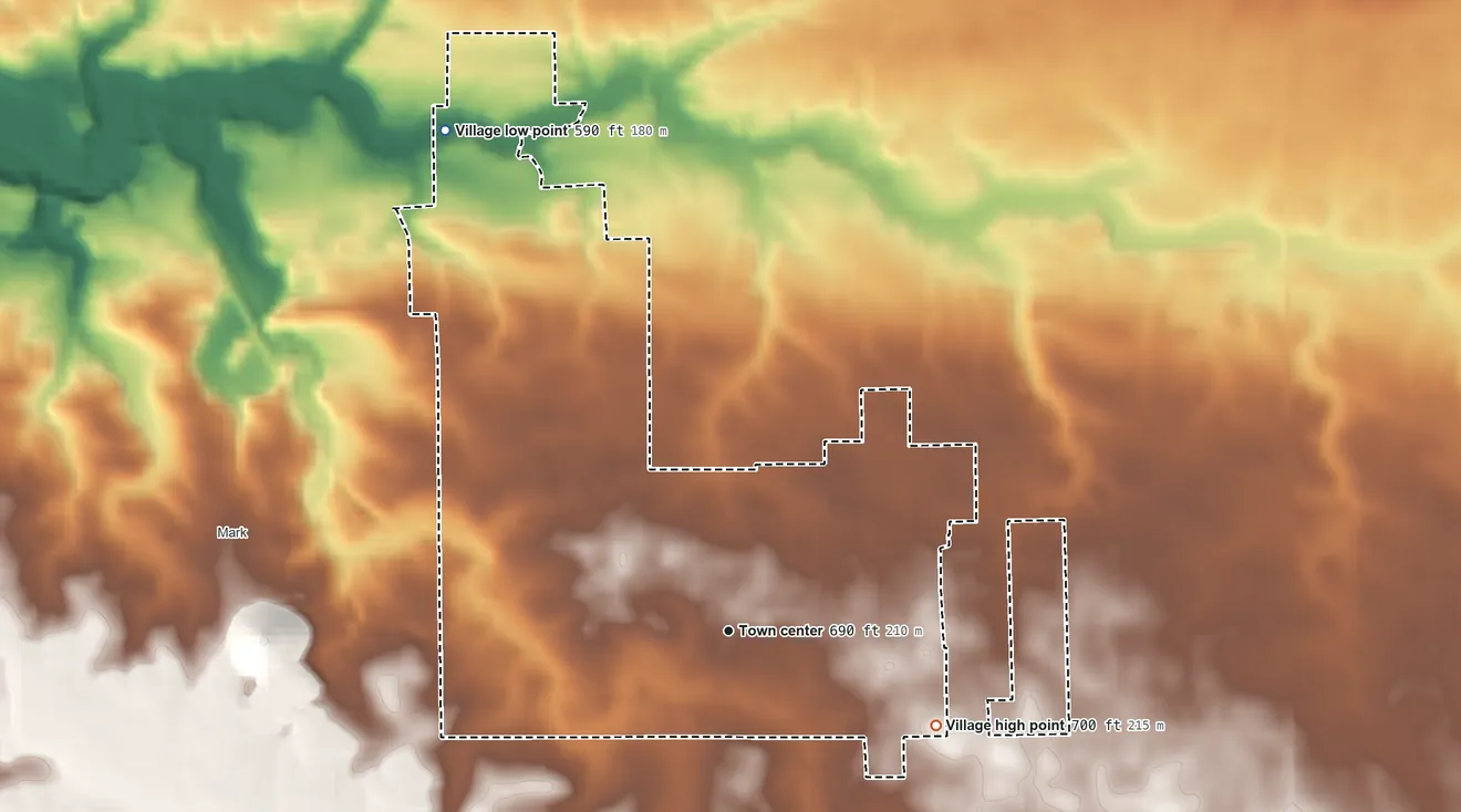 Topographic elevation map of Granville, Illinois, shaded from 590 ft on the northwest side to 700 ft on the southeast side