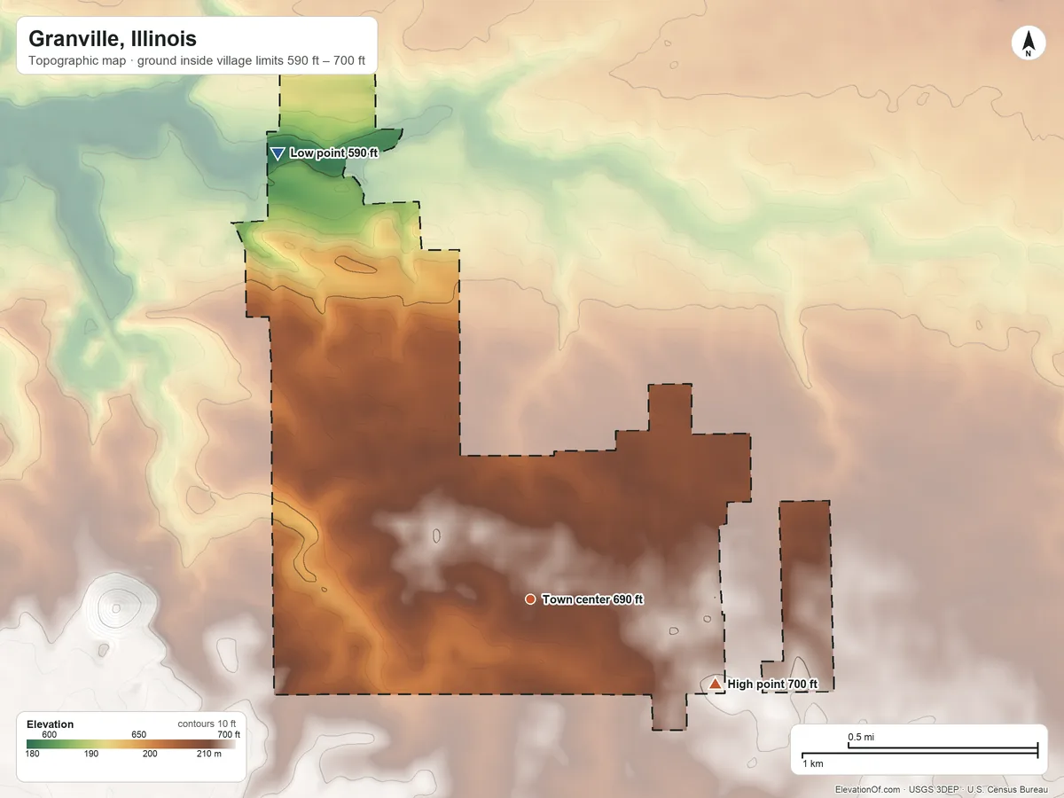 Topographic elevation map of Granville, Illinois, shaded from 590 ft on the northwest side to 700 ft on the southeast side