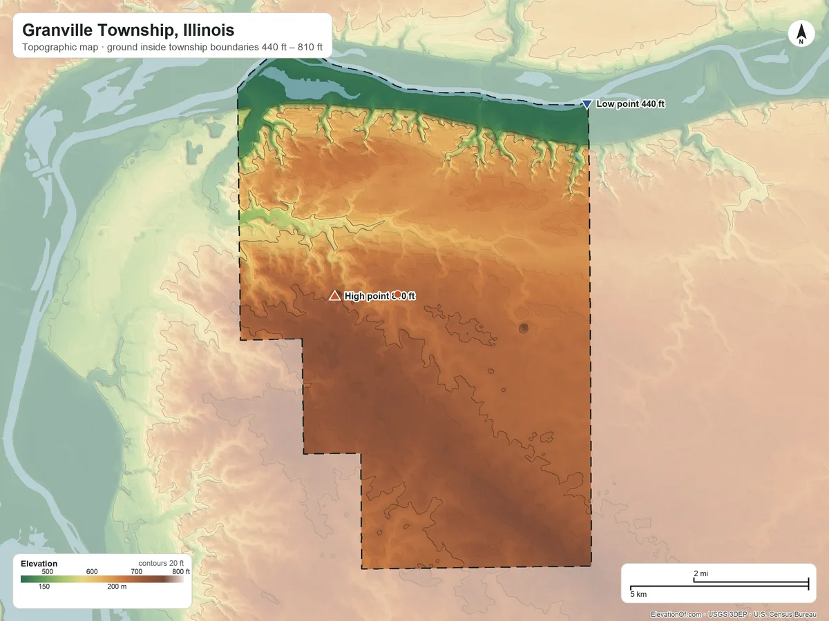 Topographic elevation map of Granville Township, Illinois, shaded from 440 ft on the northeast side to 810 ft on the west side
