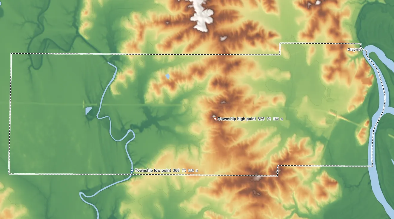 Topographic elevation map of Gray Township, Illinois, shaded from 360 ft on the southwest side to 520 ft on the southwest side