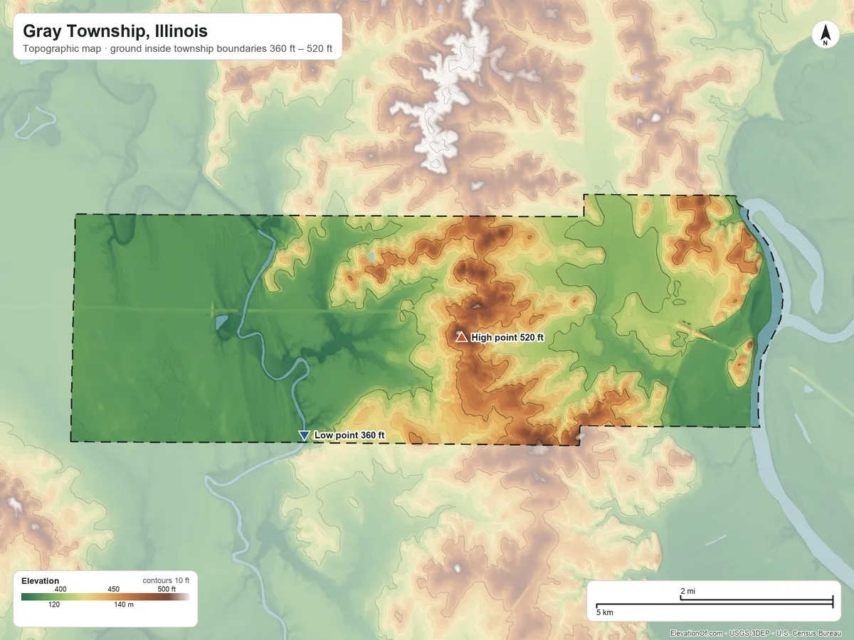 Topographic elevation map of Gray Township, Illinois, shaded from 360 ft on the southwest side to 520 ft on the southwest side