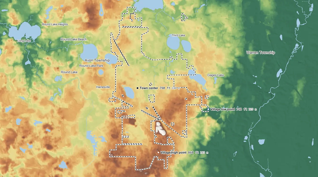 Topographic elevation map of Grayslake, Illinois, shaded from 740 ft on the east side to 860 ft on the south side