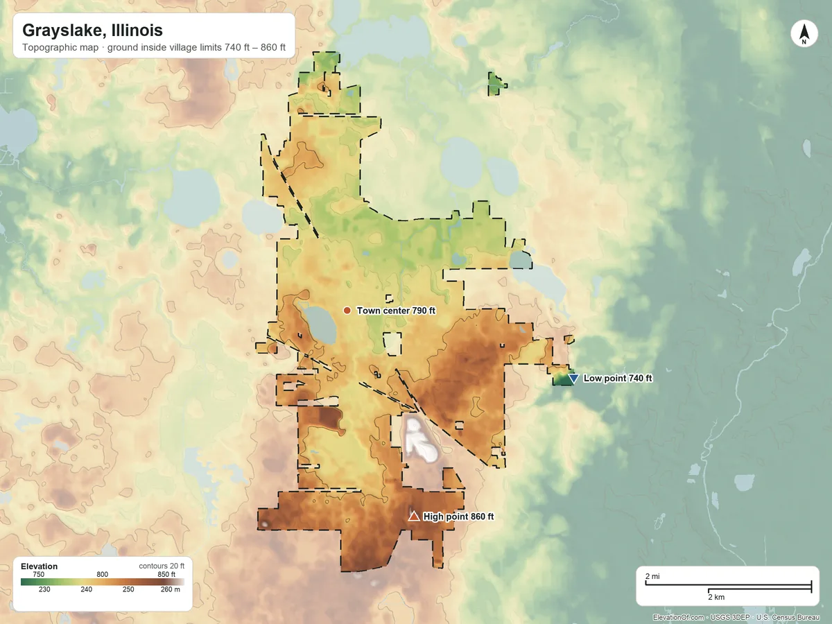 Topographic elevation map of Grayslake, Illinois, shaded from 740 ft on the east side to 860 ft on the south side