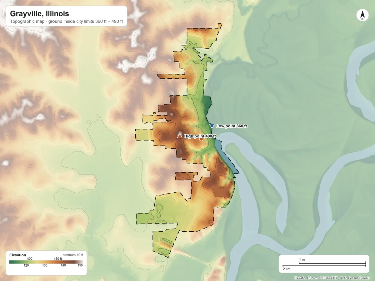 Topographic elevation map of Grayville, Illinois, shaded from 360 ft near the middle to 490 ft near the middle