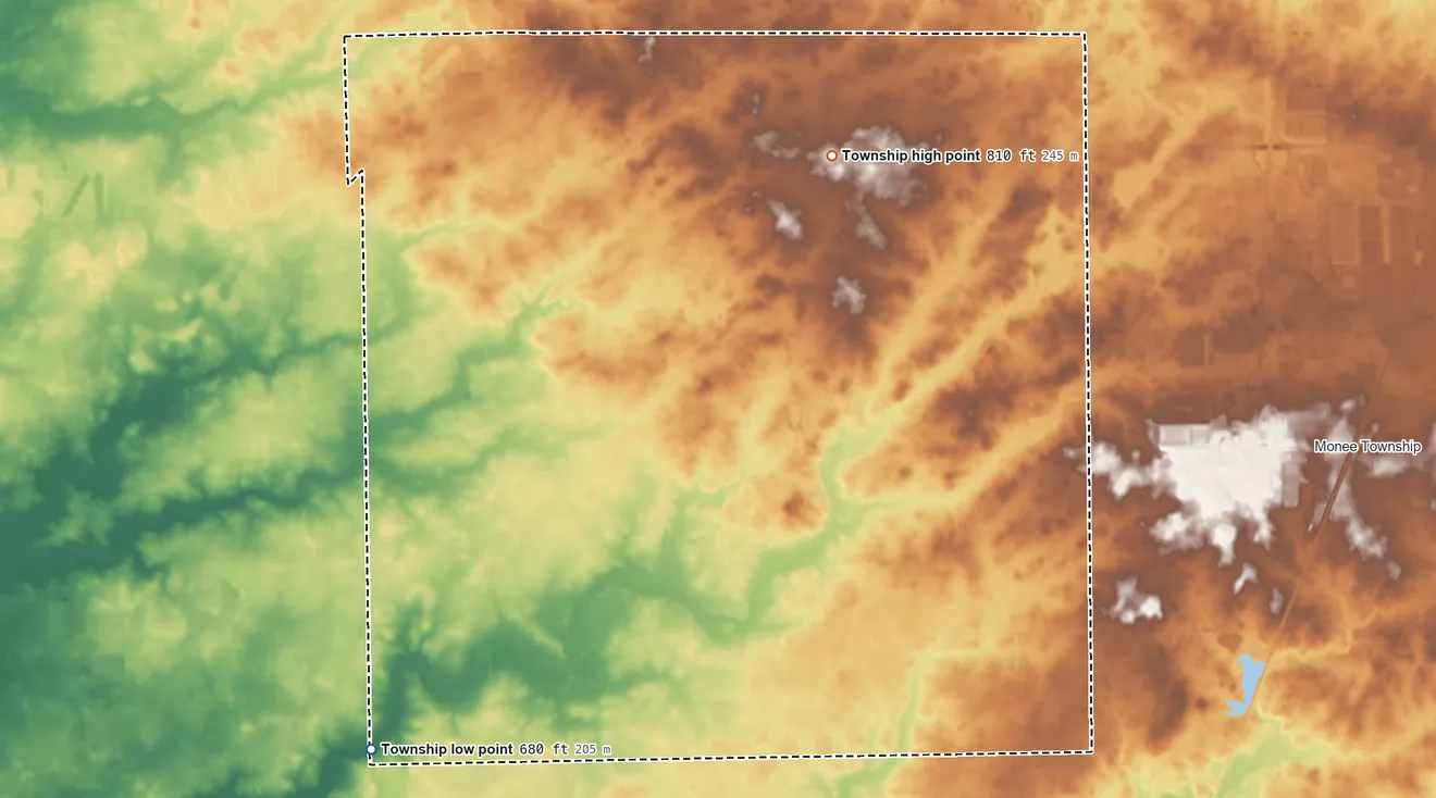 Topographic elevation map of Green Garden Township, Illinois, shaded from 680 ft on the southwest side to 810 ft on the north side