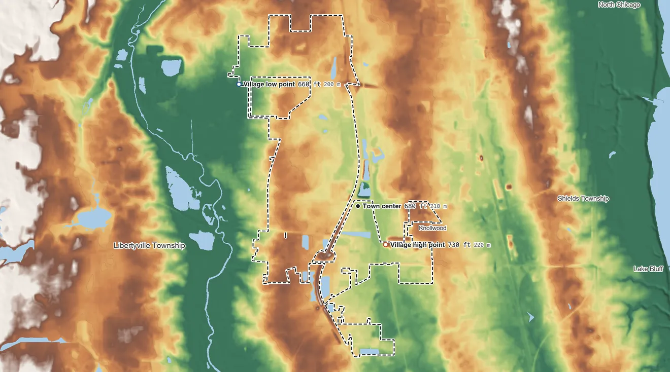 Topographic elevation map of Green Oaks, Illinois, shaded from 660 ft on the northwest side to 730 ft on the southeast side