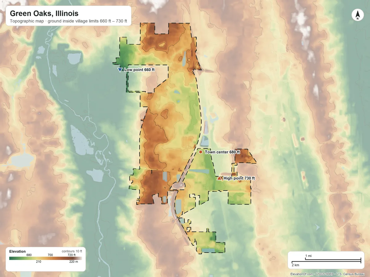 Topographic elevation map of Green Oaks, Illinois, shaded from 660 ft on the northwest side to 730 ft on the southeast side