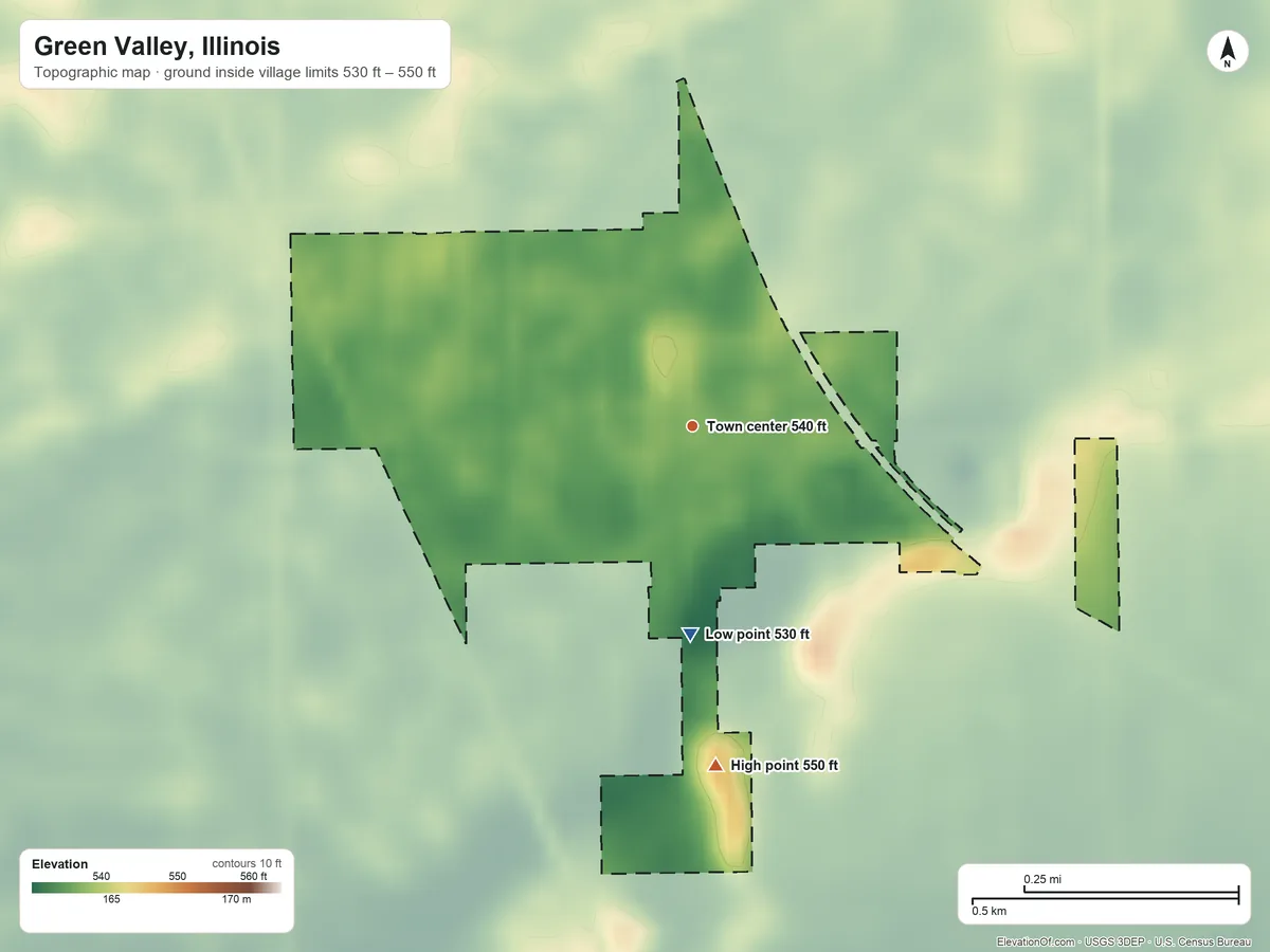 Topographic elevation map of Green Valley, Illinois, shaded from 530 ft on the south side to 550 ft on the south side