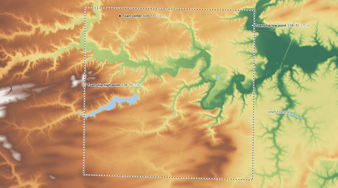 Topographic elevation map of Greenbush Township, Illinois, shaded from 570 ft on the east side to 770 ft on the southwest side