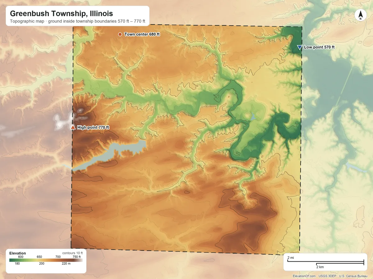 Topographic elevation map of Greenbush Township, Illinois, shaded from 570 ft on the east side to 770 ft on the southwest side