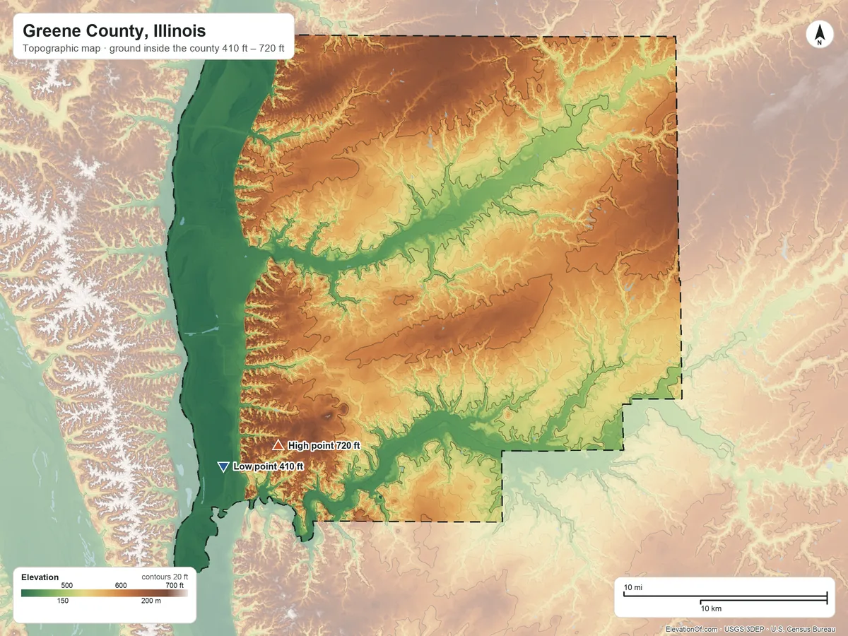 Topographic elevation map of Greene County, Illinois, shaded from 410 ft on the southwest side to 720 ft on Witachek Mound