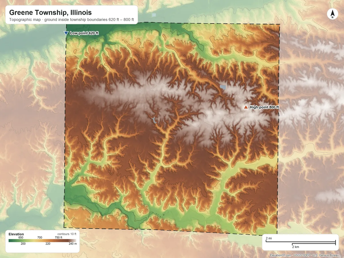 Topographic elevation map of Greene Township, Illinois, shaded from 620 ft on the northwest side to 800 ft on the east side