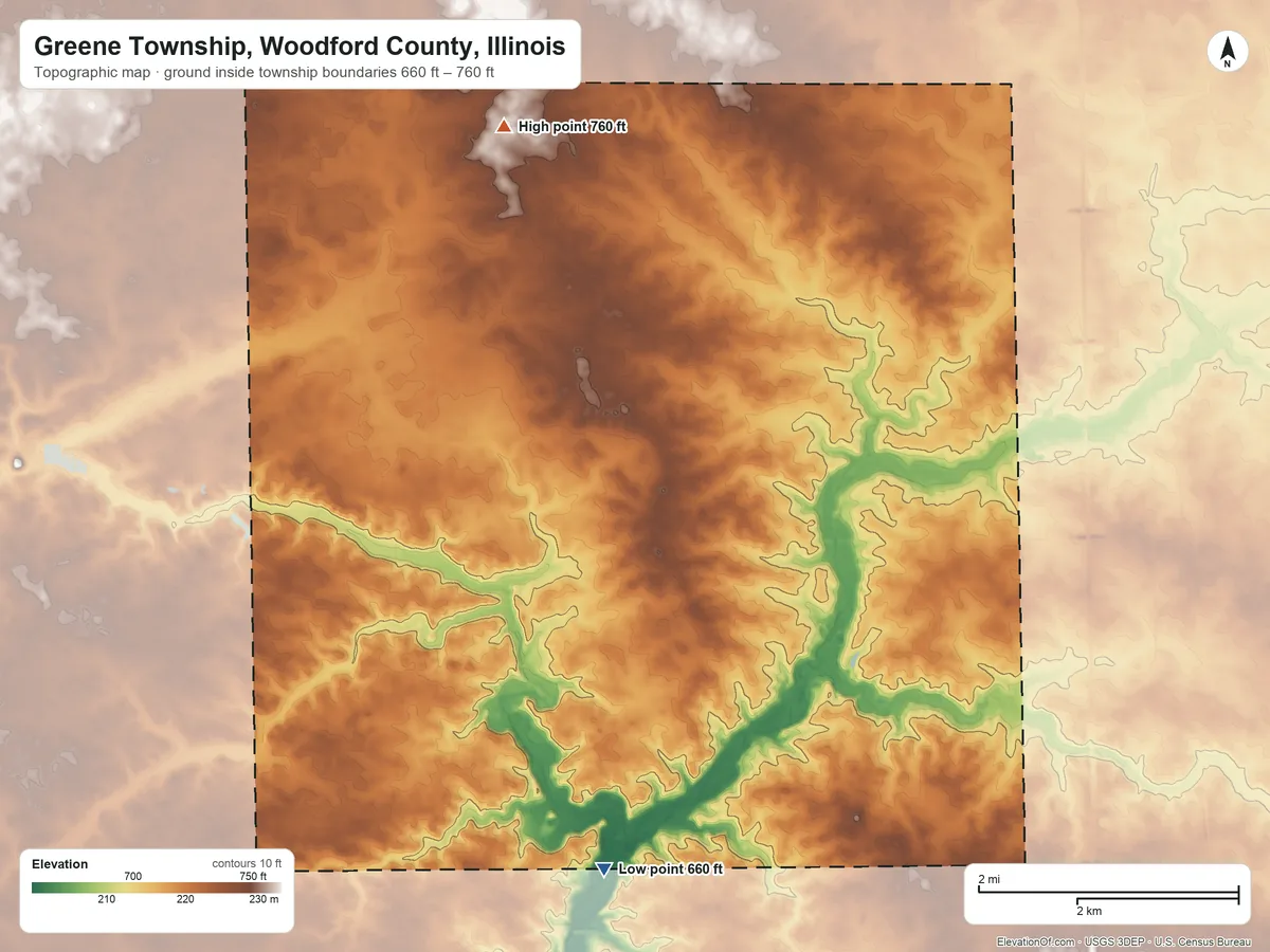 Topographic elevation map of Greene Township, Woodford County, Illinois, shaded from 660 ft on the south side to 760 ft on the north side