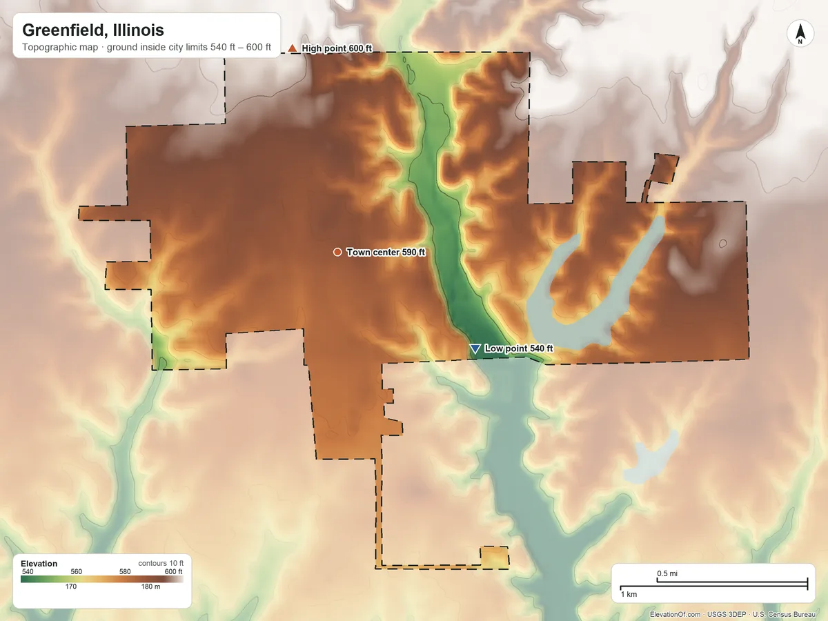 Topographic elevation map of Greenfield, Illinois, shaded from 540 ft on the southeast side to 600 ft on the north side