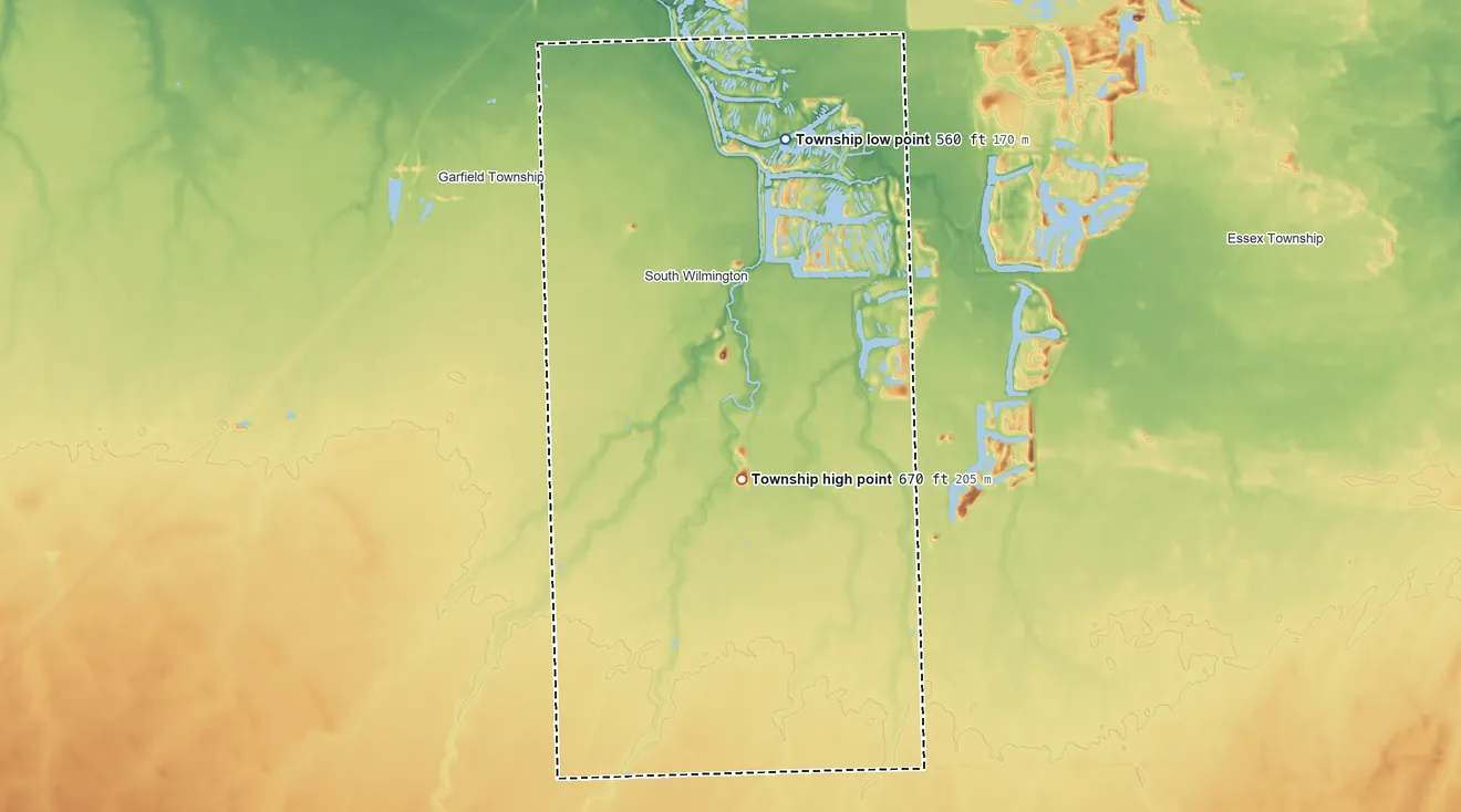 Topographic elevation map of Greenfield Township, Illinois, shaded from 560 ft on the northeast side to 670 ft on the south side
