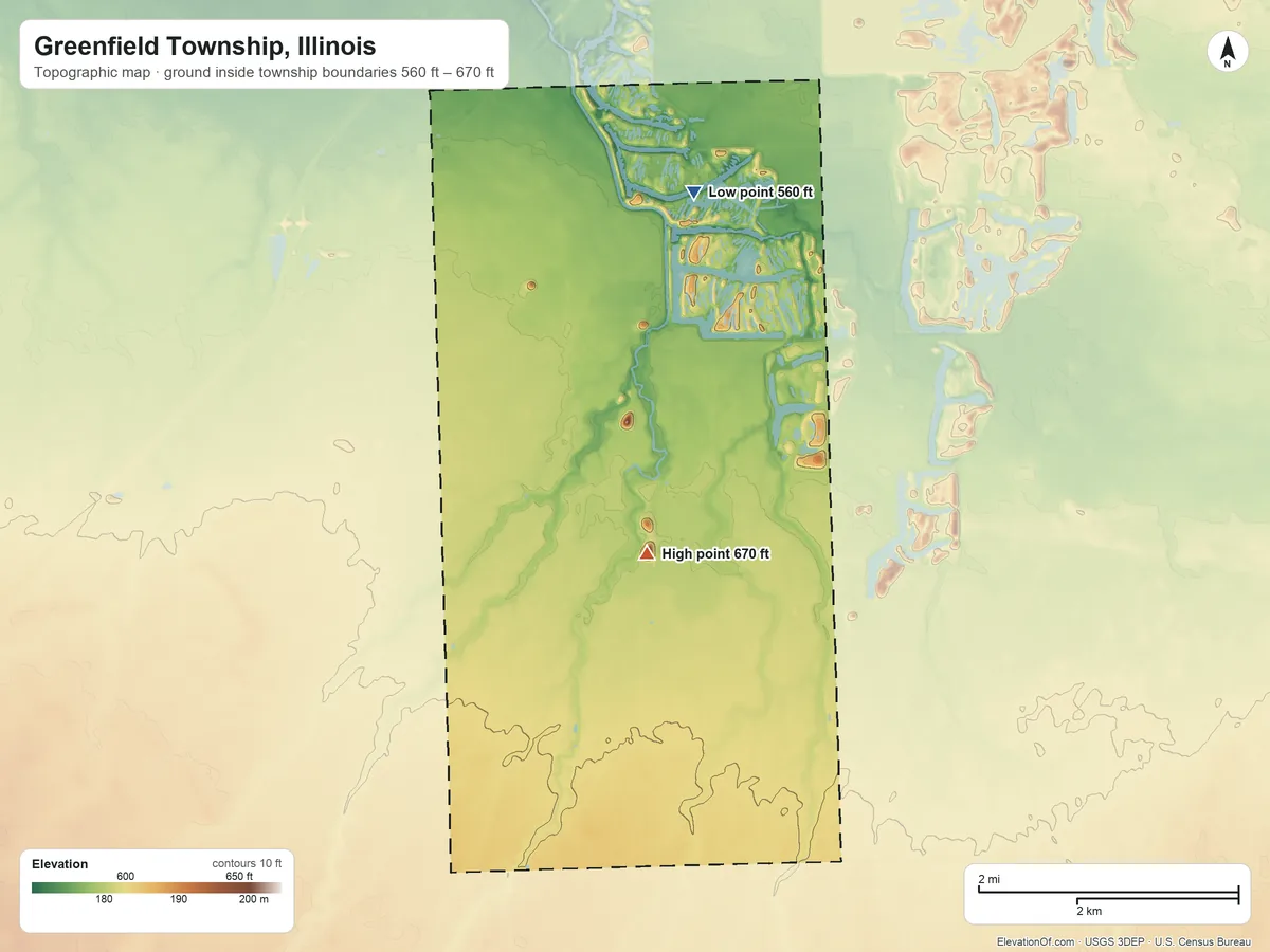 Topographic elevation map of Greenfield Township, Illinois, shaded from 560 ft on the northeast side to 670 ft on the south side