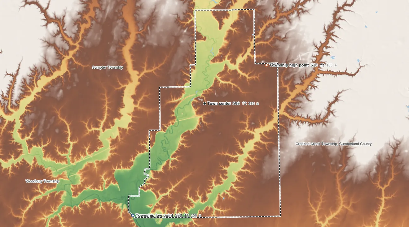 Topographic elevation map of Greenup Township, Illinois, shaded from 500 ft on the southwest side to 610 ft on the northeast side
