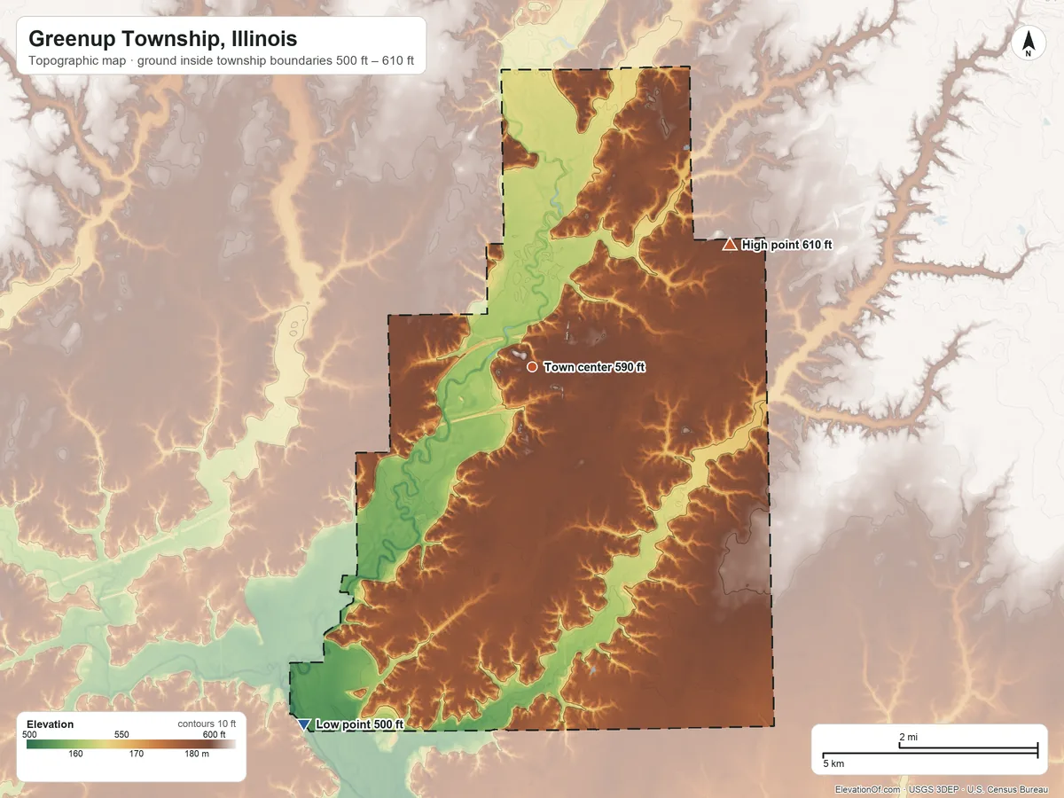 Topographic elevation map of Greenup Township, Illinois, shaded from 500 ft on the southwest side to 610 ft on the northeast side