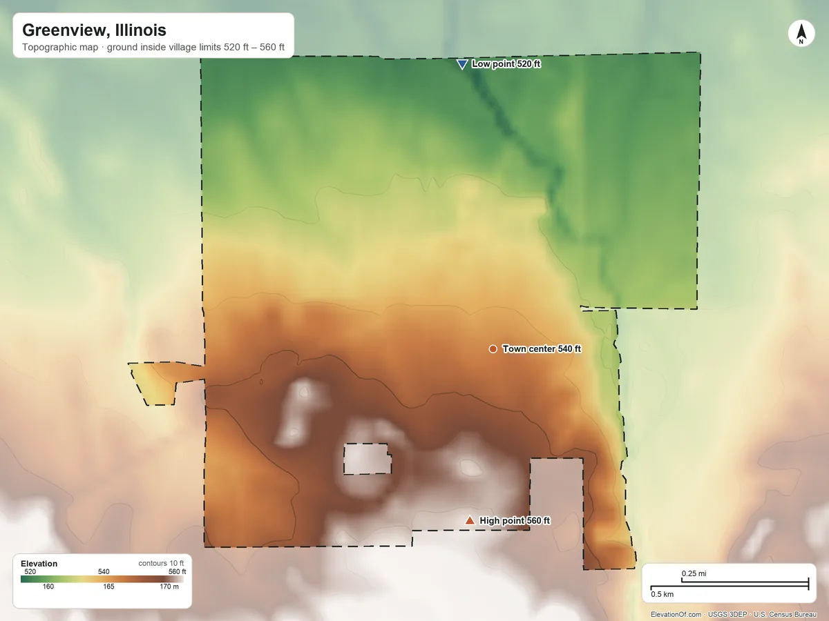 Topographic elevation map of Greenview, Illinois, shaded from 520 ft on the north side to 560 ft on the south side