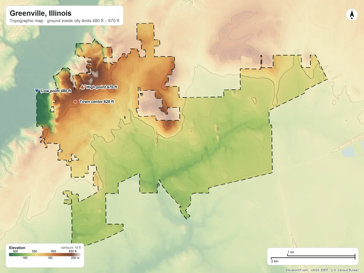 Topographic elevation map of Greenville, Illinois, shaded from 480 ft on the west side to 670 ft near the middle